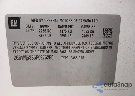 2015 Cadillac Xts Luxury z USA, uszkodzony, nr VIN 2G61M5S35F9275250